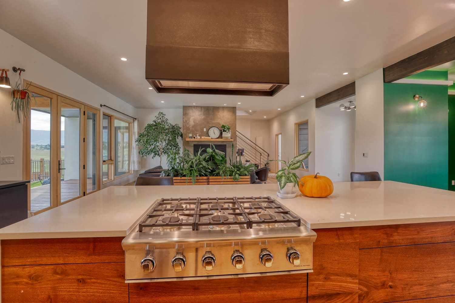 Cook top and range hood on kitchen island