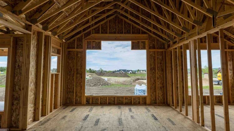 custom home being built interior framing looking out window in wyoming-1