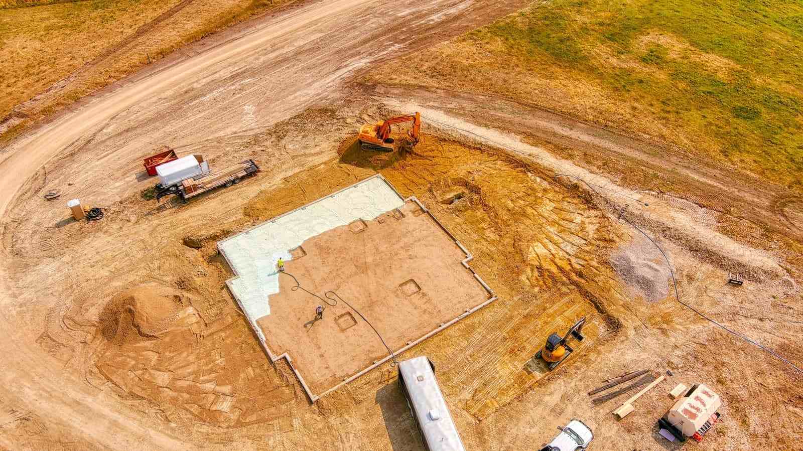 Aerial view of foundation for new custom home in Wyoming