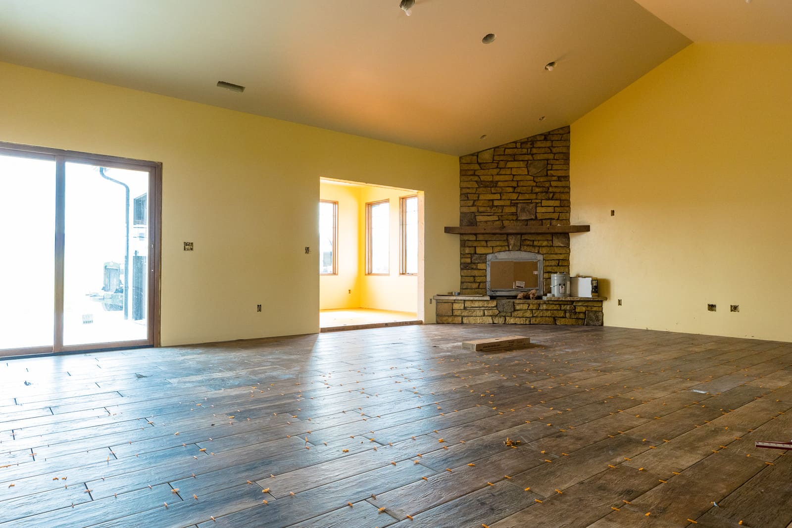 Open concept living room space with fireplace